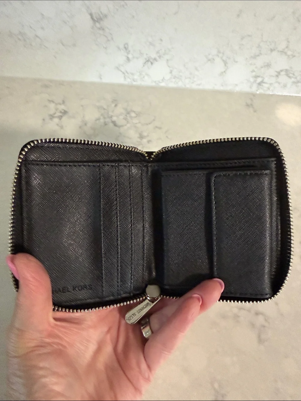 Michael Kors Black Compact Saffiano Zip Card and Bills Wallet- never used